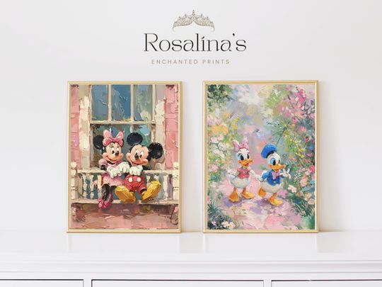 Printable Mickey and Friends Spring Oil Painting, Vintage Cottage Floral Landscape Art Print, Girl Nursery Bedroom Wall Art , set of 2