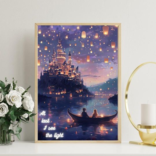 Discover Tangled Floating Lantern Scene Print, 'At Last I See the Light' Poster, Tangled Art Print, Disney Inspired Decor, Rapunzel Art