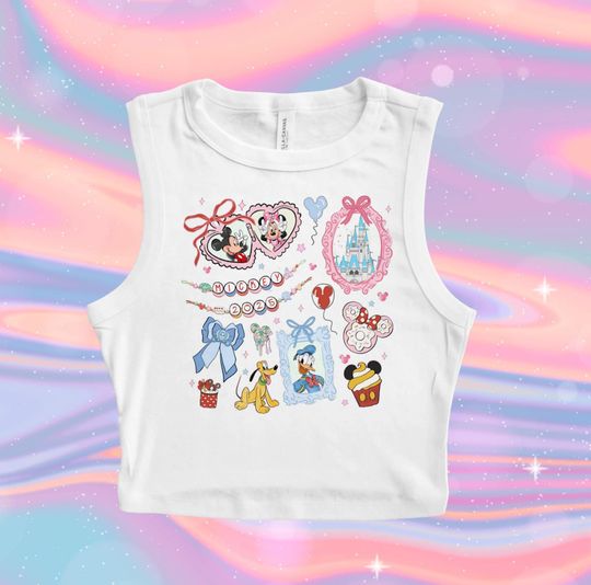 Discover Mickey Pluto Friends Bow Crop Tank, Disneyworld Baby Tee, Heart Mickey Crop Tank, Cute Beads Donald Womens Tee, Pluto cupcake Bows Girlie