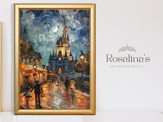 Vintage DISNEYWORLD Halloween Oil Painting |  Art, Castle Fairytale Landscape Art Print, Disneyworld Wall Art