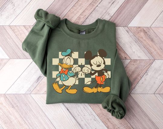 Retro Checkered Mickey Mouse And Donald Duck Sweatshirt, Disney Friends Sweatshirt, Disneyland Vacation Sweatshirt, Disney Family Trip