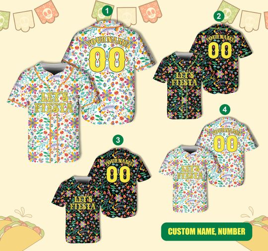 Discover Personalized Lets Fiesta Baseball Jersey, Custom Name Mexican Flower Baseball Jersey, Cinco De Mayo Mexican Fiesta Jersey, Fiesta Squad Gift