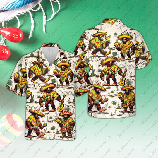 Discover Bigfoot Cinco De Mayo Hawaiian Shirt, Maracas Sombrero Guitar Tacos Sasquatch Button Up Shirt, Mexican Fiesta Party Shirt For Bigfoot Lovers