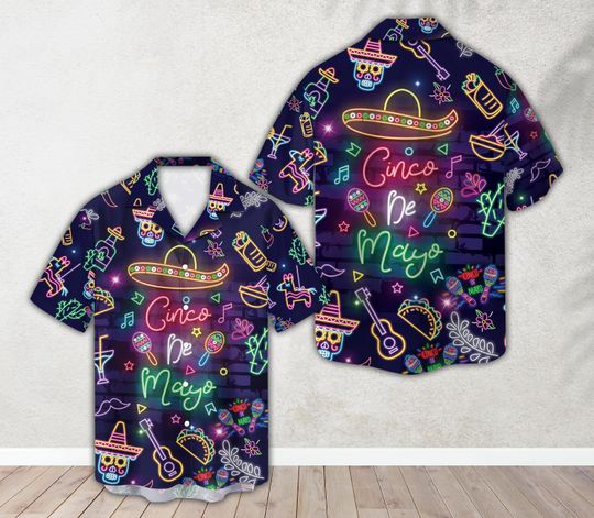 Neon Cinco De Mayo Hawaiian Shirt, Fiesta San Antonio Button Up Shirt, Mexican Festival Hawaiian Shirt, Sombrero, Mexican Food Shirt