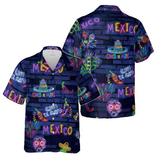 Funny Skull Neon Mexican Party Cinco De Mayo Hawaiian Shirt S-5XL