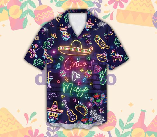 Neon Cinco De Mayo Hawaiian Shirt, Fiesta San Antonio Button Up Shirt, Fiesta Squad, Sombrero Mexican Festival Gift