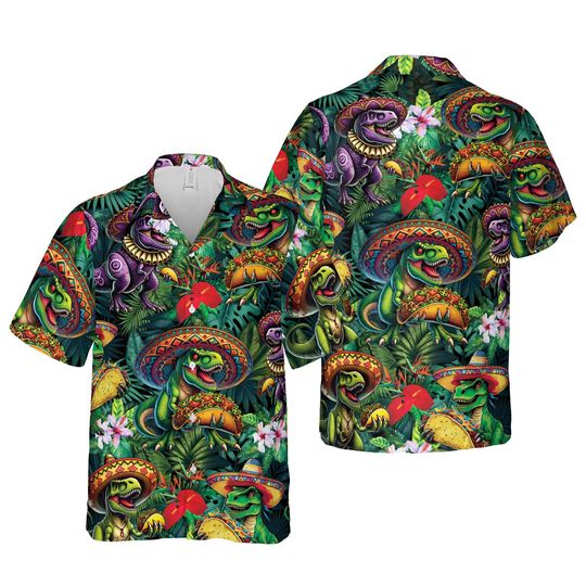 Cinco De Mayo Dinosaur Hawaiian Shirt For Men Women, Taco Dinosaur Sombrero Party Button Up Shirt, Tropical Jungle Dinosaur Fiesta Shirt