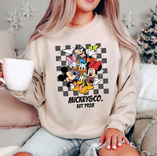 Discover Mickey & Co. Est 1928 Sweatshirt, Disney Trip Sweater, Disney Checkered Hoodie, Disney Family Vacation Hoodie, Mickey And Friends Sweatshirt