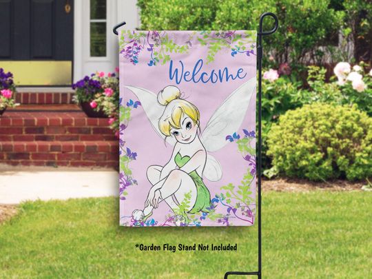 Disney Spring Garden Flag, Spring Outdoor Peter Pan Decor, Disney Tinker Bell Welcome Flag, Garden Fairy Spring Flag Decor for Yard