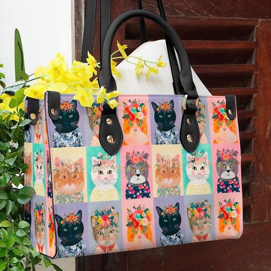 Leather Handbag Cat Leather Bag Floral Cat