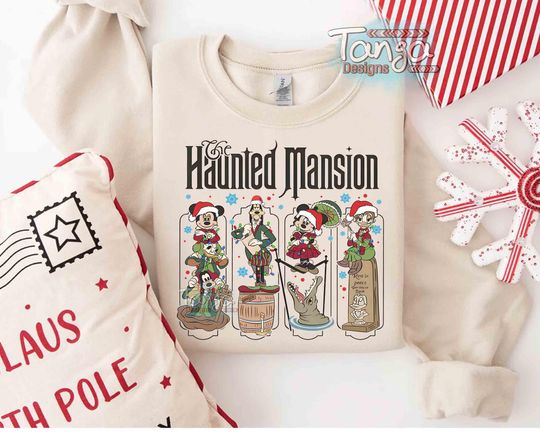 Discover The Haunted Mansion Mickey & Friends Merry Christmas Sweatshirt, Stretching Room Xmas Light Tee, Mickey's Very Merry Christmas Party Gift