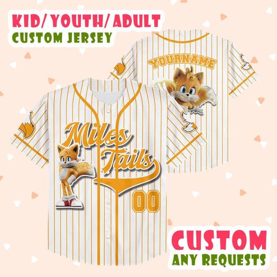 Discover Customized Miles Tails The Hedgehog Yellow Stripe Baseball Jersey, Personalized Sonic 3 Movie Jersey, Miles Tails Fan Gift