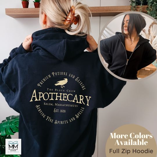 Black Crow Apothecary Halloween Zip Hoodie, Vintage Halloween Hooded Sweater, Salem Massachusetts Witchy Shirt, Witch Halloween Full Zip
