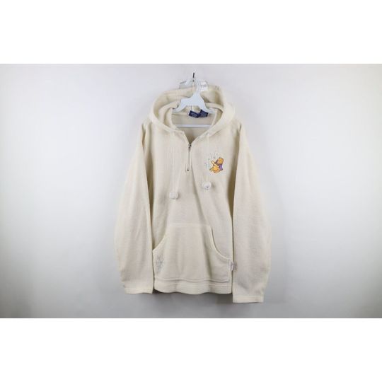 90s Disney Womens Large Winnie the Pooh Half Zip Fleece Hoodie Cream, Vintage Winnie the Pooh Hoodie, 1990s Disney Fleece Hoodie, Disney