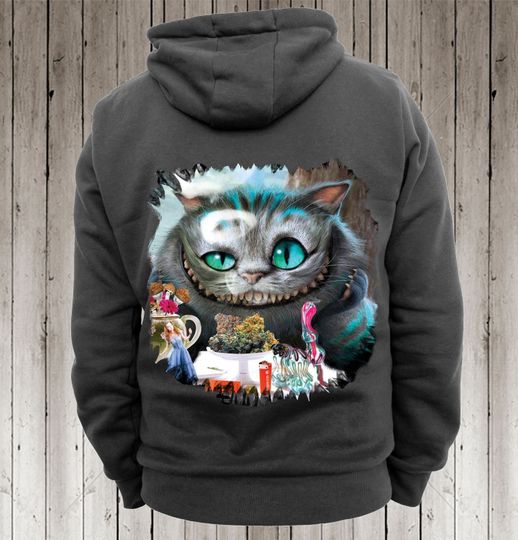 Hoodie, sweatshirt , with  drawing of the Cheshire cat from Alice In Wonderland , Unisex ,Female  ,Men, Women, Hand Made Crafted, art print