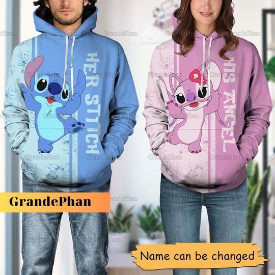 Discover Her Stitch His Angel Hoodie, Stitch And Angel Couples Hoodies, Custom Name Stitch Couples Shirts, Stitch Hoodie Women, Disney Hoodie