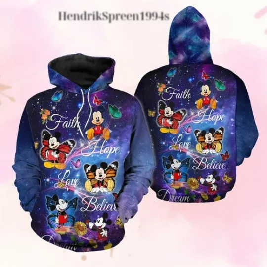 Discover Mickey Faith Hope Love Believe Dream Butterfly Hoodie, Disney Mickey Mouse 3D