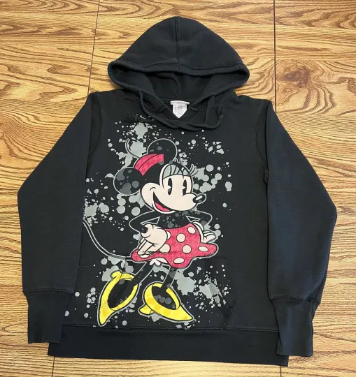 Disney Parks Womens L Hoodie Minnie Mouse 3-D Graphic Black Pullover Sweatshirt