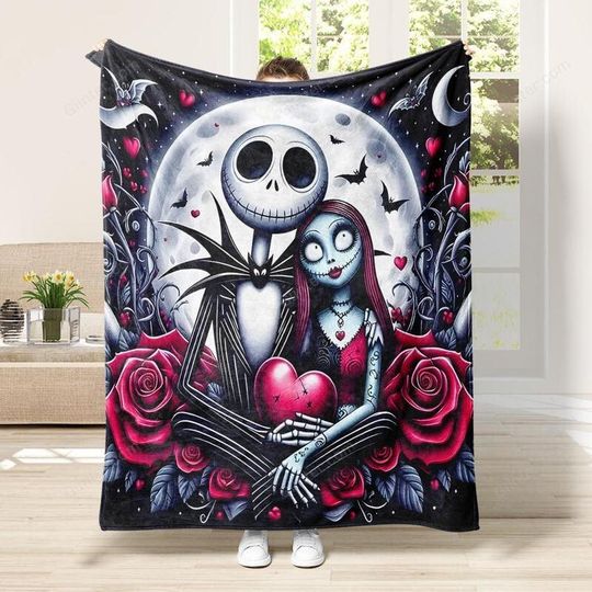 Couple Jack Skellington And Sally Blanket, Disney Valentines Fleece Blanket, Throw Blankets, Disney Husband Wife Blanket, Decor Home