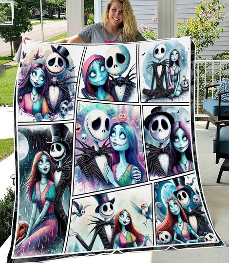 Jack And Sally Nightmare Fleece Blanket, Personalized Jack Skellington Blanket, Disney Halloween Blanket, Jack Sally Couple Blanket