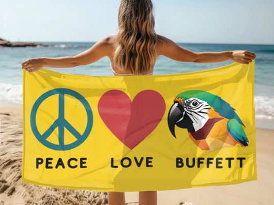 Discover Peace Love Jimmy Buffett Beach Towel, Yellow Colorful Parrot Pool Towel, Buffett Fan Gift, Gift for Buffett Lover, Beachy Towel Home Decor