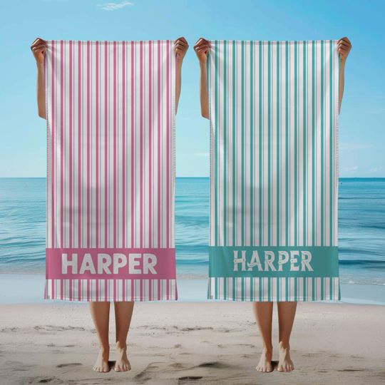Discover Retro Personalized Beach Towel, Striped Custom Beach Towel, Family Vacation Present, Birthday Gift, Bridesmaid Towel, Girls Trip Pool Towel