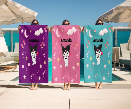 Personalized Kuromi Beach Towel, Custom Kuromi Baby Pool Towel, Birthday Gift, Hello Kitty Towel, Gift for Girl, Christmas Gift