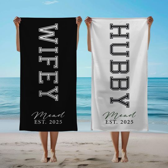Custom Couple Towel, Personalized Hubby and Wifey Beach Towel, His and Hers Newlywed Gift, Just Married Bride Gift, Wedding Gift