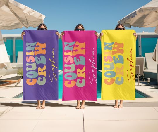 Personalized Cousin Crew Beach Towel, Custom Name Pool Towel For Kids/Adult,Cousin Family Reunion Gift,Retro Multi Color Vacation Towel Gift