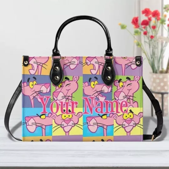 Personalized Pink Panther Leather Handbag, Pink Panther Cartoon Lovers Gift