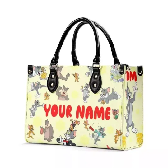 Personalized Tom and Jerry Cartoon Leather Handbag, Cat and Mouse Lovers Gift