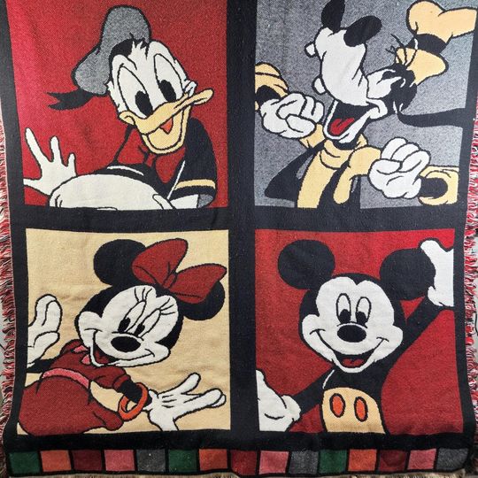 Discover Vintage Disney Mickey & Friends Knitted Lap Throw Fringe Edge Blanket 54"x49"