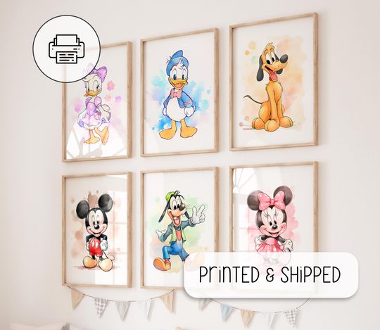 Watercolor Set Of Mickey Mouse - Watercolor Minnie Mouse, Daisy Duck - Nursery Wall Art - Kids Room - Cute Chibi Prints, Birthday Gift