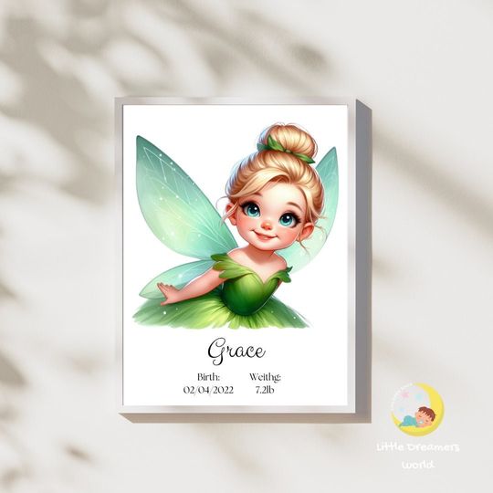 Tinker Bell Disney wall art, Custome watercolor baby gift, Personalized Kid's Name, Unique Birthday Gift, Nursery Deco, Personal