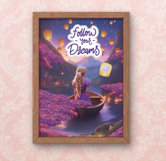 Discover Rapunzel Princess Wall Art for Children's Room Decor Disney-Inspired Painting with Animation and Watercolor Style Flowers Wall Decor.