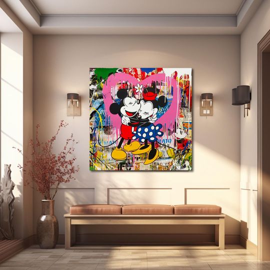 Banksy Graffiti Funny Mickey Mouse Canvas Art Print, Luxury Painting Fashion Prints Cartoon Birthday Christmas Gift Pictures Home Decor