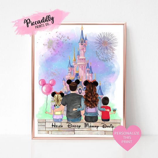 Personalised Disney Family Portrait, Custom Disney Lovers Print, Fathers Mothers Day Birthday Gift, Friends Group Disney Castle