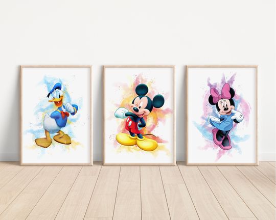 Watercolour Mickey And Friends Prints, Mickey Mouse Nursery Decor, Donald Duck Disney Wall Art, Pluto Gift Keep Sake