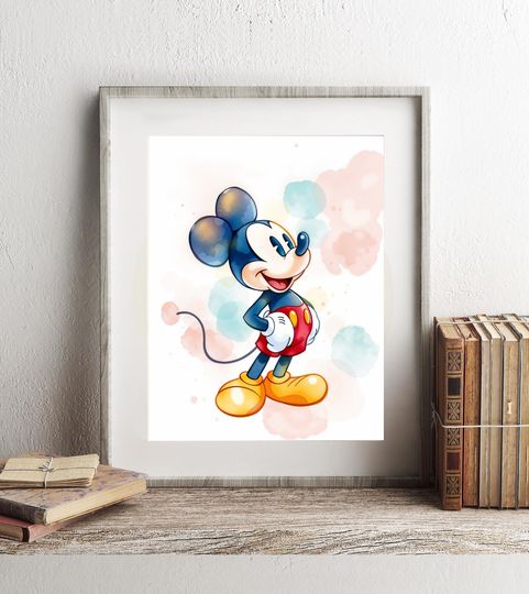 Vintage Mickey Mouse Watercolor Art - Classic Disney Wall Print - Retro Disney Watercolor - Disney Nursery Art - Mickey Mouse Watercolor