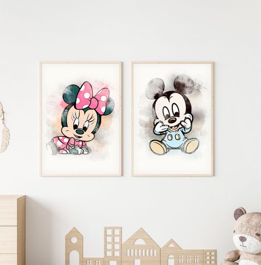 Baby Mickey and Minnie Mouse - Poster Set,  Wall Art, Nursery Prints, Nursery Decor,  Watercolor, Wall Decorations
