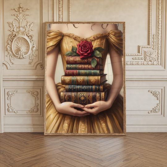 Belle Holding books, Beauty and the Beast Rose Fairy tale Fantasy Bookish Library Princess wall decor art Watercolor painting matte print