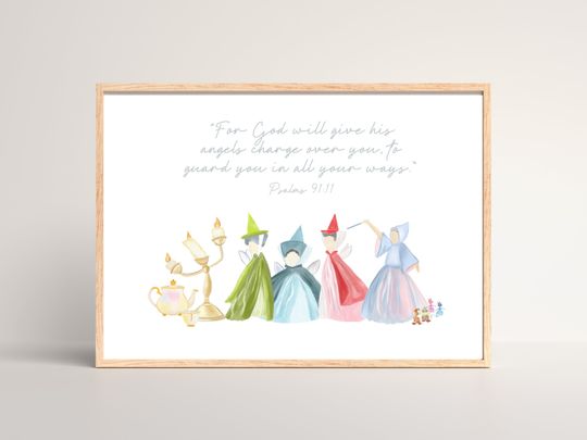 Custom Fairytale Princess Print | Psalm 91 | Baby Girl Nursery | Little Girl Room Theme | Princess Decor | Pastel | Fairy godmother
