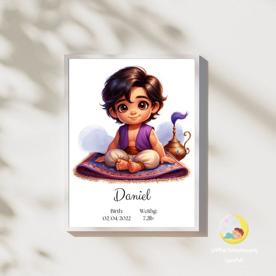 Aladdin Disney Wall Art, Custom Watercolor Baby Gift, Personalized Kid's Name, Unique Birthday Gift, Nursery Decor, Personalized