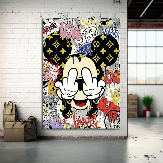 Banksy Graffiti Funny Mickey Mouse Canvas Art Print, Luxury Painting Fashion Prints Cartoon Birthday Christmas Gift Pictures Home Decor