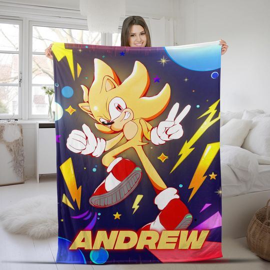 Discover Custom Supper Sonic The Hedgehog 3 Blanket, Personalized Cartoon Hedgehog Minky Sherpa Blanket, Custom Name Blanket, Sonic Blanket