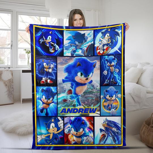 Custom Sonic The Hedgehog 3 Blanket, Personalized Cartoon Hedgehog Minky Sherpa Blanket, Custom Name Blanket, Sonic Blanket
