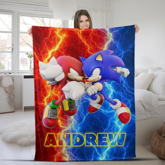 Custom Sonic The Hedgehog 3 Blanket, Personalized Cartoon Hedgehog Minky Sherpa Blanket, Custom Name Blanket, Sonic Blanket