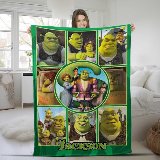 Personalized Shrek Sherpa Blanket Custom Photo Sofa Fleece Blanket Christmas Bediing Adult Baby Shower Woven Blanket