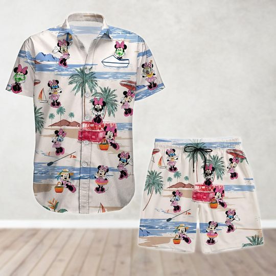 Minnie Mouse Button Shirt And Shorts, Minnie Hawaiian Shirt, Disney Movie Tropical Shirt, Summer Beach Shirt, Disney Vacation Shirt