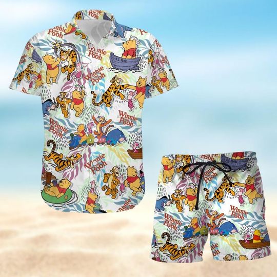 Winnie The Pooh Button Shirt, Disney Pooh Hawaiian Shirt, Pooh Tigger Eeyore Beach Shirt, Summer Shorts Men, Disneyland Vacation Shirt